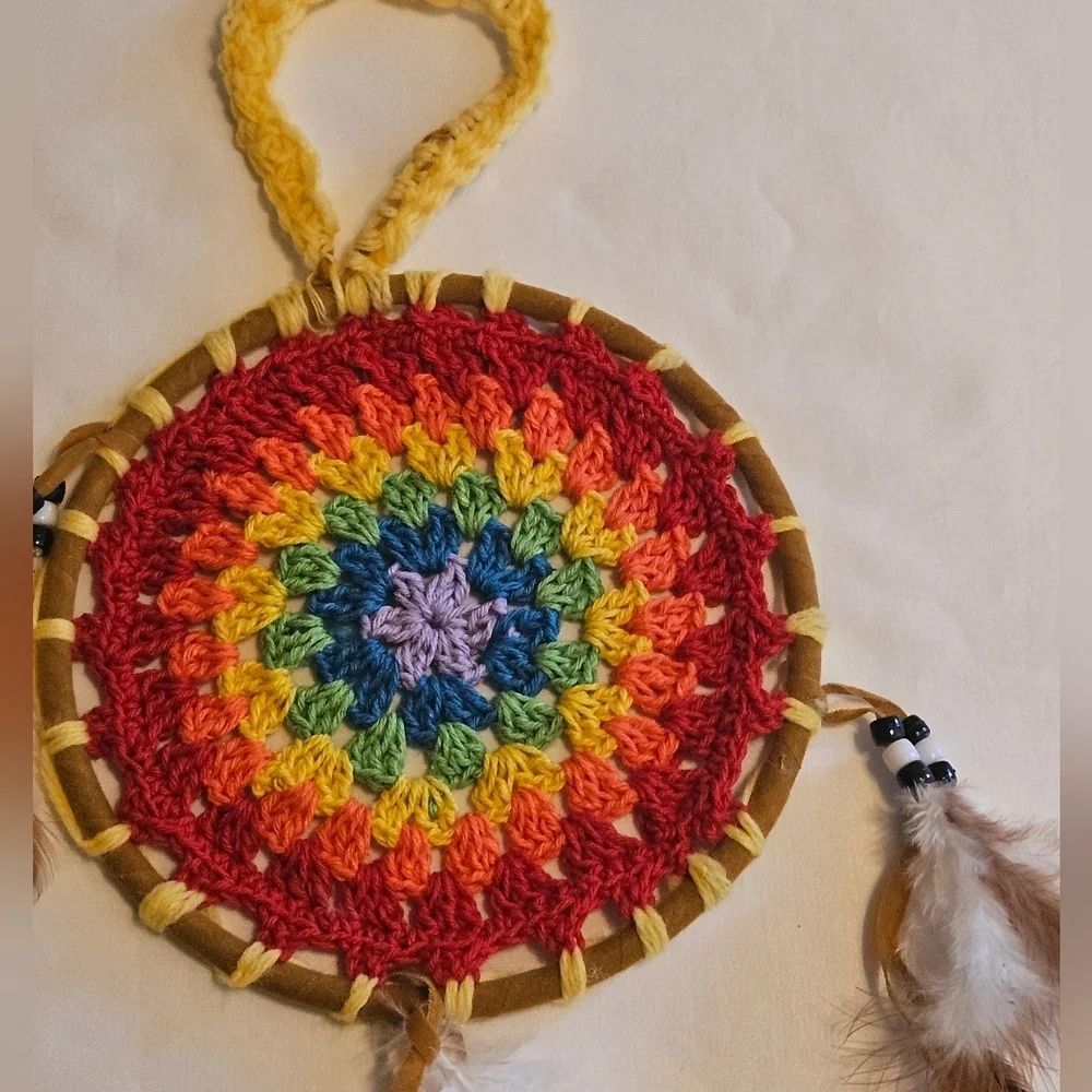 Hand Crafted crochet dream catcher rainbow colors textile art handmade holiday